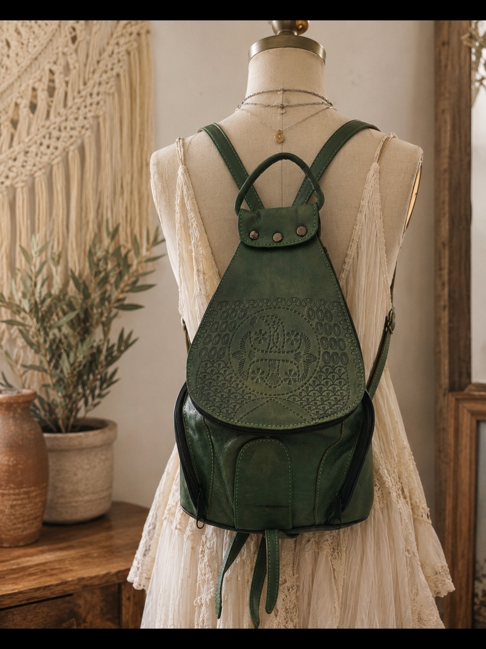 Handcrafted Green Leather Backpack